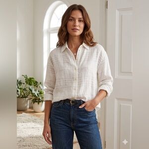 Sag Harbor Women’s X Large White 100% Linen Long Sleeve Shirt Button Up Top XL